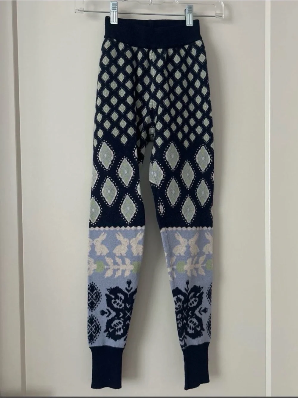 Free People Navy and Light Blue Patterned Knit Leggings